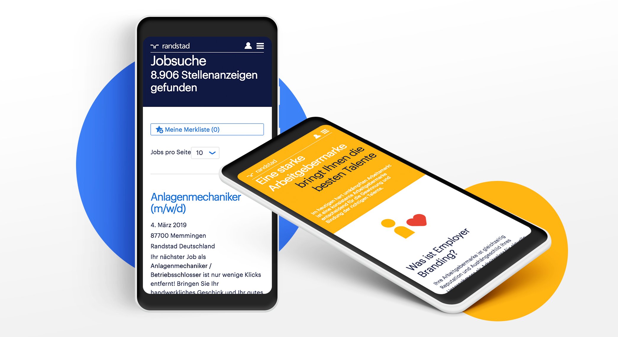 Randstad site displayed on two mobile devices